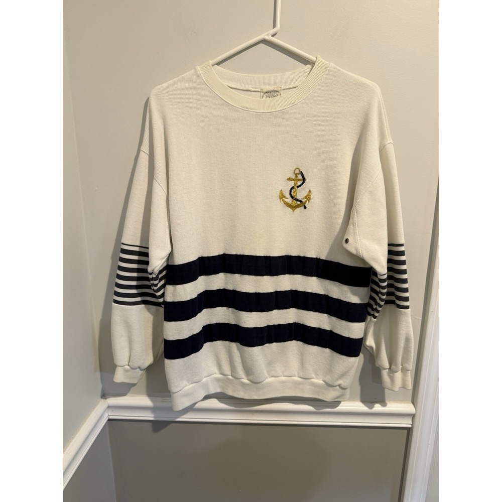 Victoria Sport VTG nautical Anchor pullover sweatshirt Sweater L Black White